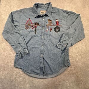 Vintage Woolrich Embroidered Christmas Chambray Denim Button Shirt Womens L FLAW